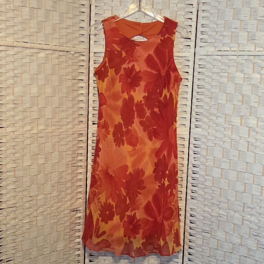 Red & Orange Floral Knee Length Dress - Sleeveless With Keyhole Back Size 9